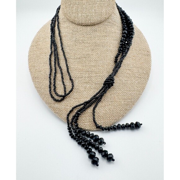 Vintage Black Beaded Layered Necklace Tassel Lariat Monochromatic Retro - Picture 4 of 11